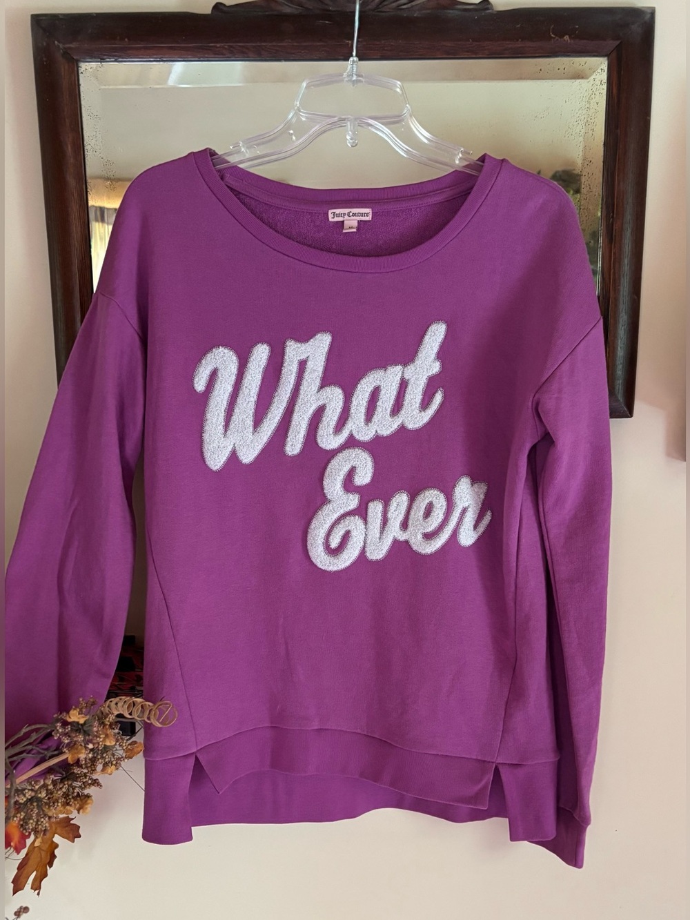 Juicy Couture Pullover Sweatshirt Chenille ‘What Ever’ Hi Lo French Terry Purple